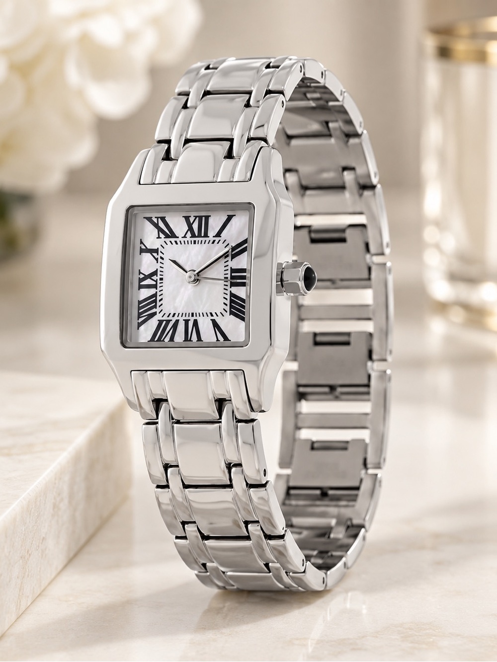 BRONZO ITALIA Silver Tone Watch Quartz with Square Mother of Pearl Dial